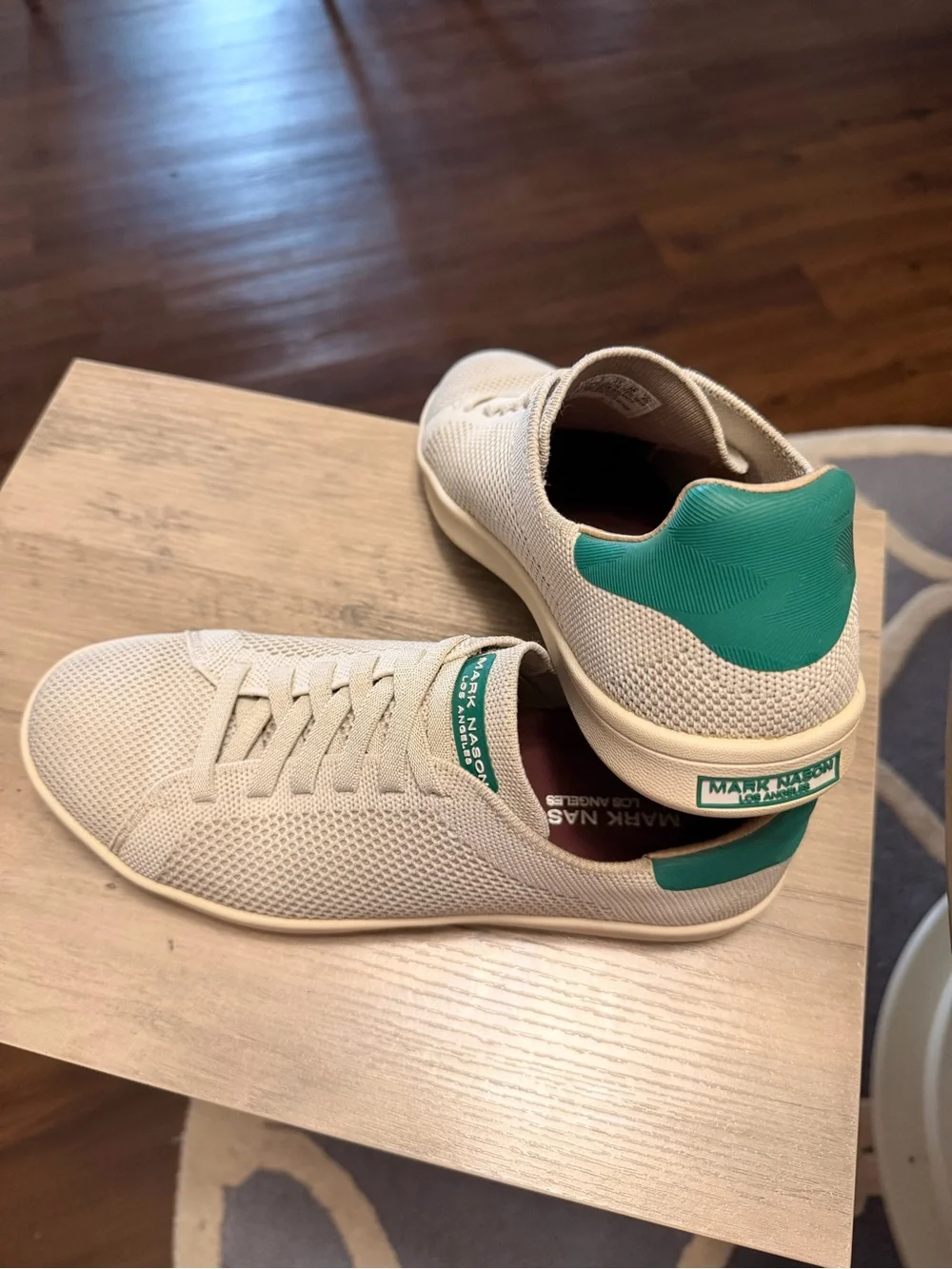 Mark Nason Men’s Cream Knit Sneakers with Green Heel Accent